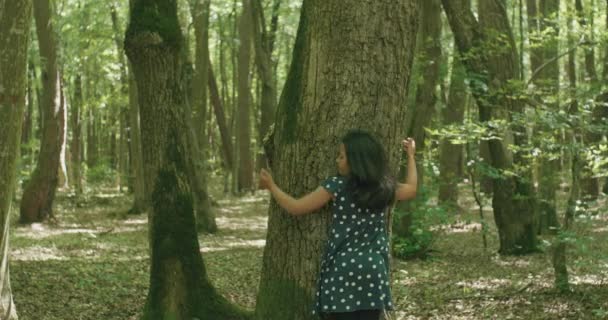 Niña Años Corre Abraza Árbol Bosque — Vídeos de Stock