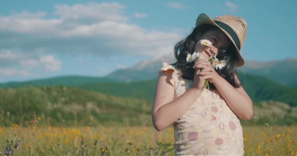 Mała Dziewczynka Kapeluszem Dzikimi Kwiatami Portret Letnie Popołudnie Obszarze Górskim — Wideo stockowe