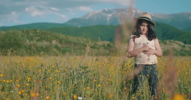 Jahre Altes Mädchen Porträt Sommer Nachmittag Berg Wildblumen Feld — Stockvideo