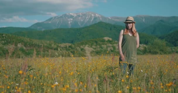 Porträt Einer Frau Auf Der Wiese Der Nähe Der Karpaten — Stockvideo