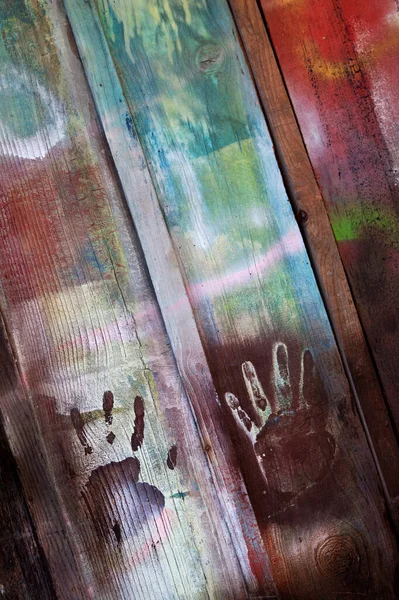 Handprints Painted Wooden Wall — Stock Photo, Image