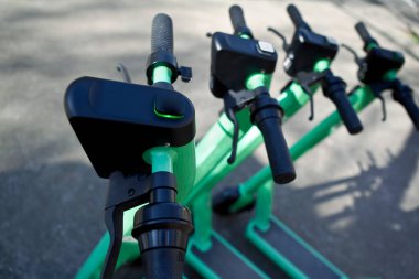Berlin 'de bir meydanda park etmiş elektrikli scooterlar.