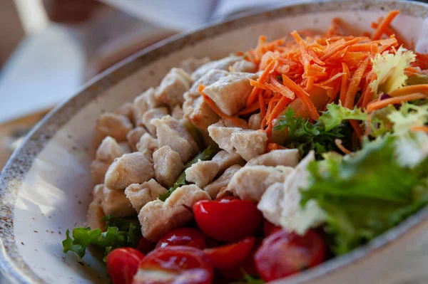 Chicken Salad Raw Vegetables Stoneware Bowl — Stock Photo, Image