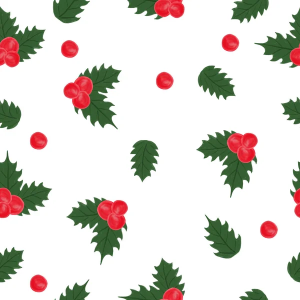 Bezproblemowy wzór świąteczny z jagodami i liśćmi. Tekstura do papieru do pakowania. Druk do druku. Rysunek świąteczny. — Zdjęcie stockowe