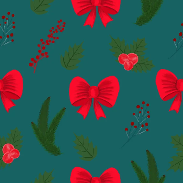 Seamless Christmas pattern with berries and leaves. Texture for wrapping paper. Print for printing. Festive drawing. — Stock Photo, Image
