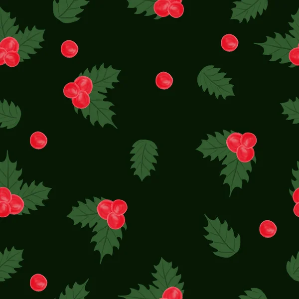 Бесшовный рождественский узор с ягодами и листьями. Текстура для оберточной бумаги. Печать для печати. Праздничный рисунок. — стоковое фото