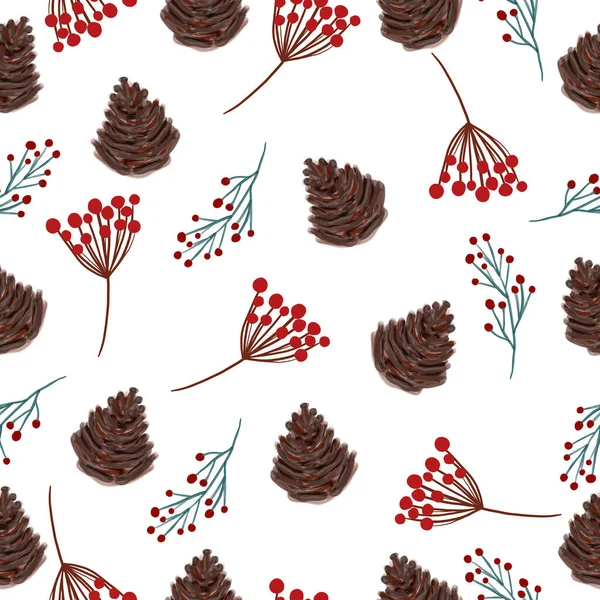 Бесшовный рождественский узор с ягодами и листьями. Текстура для оберточной бумаги. Печать для печати. Праздничный рисунок. — стоковое фото
