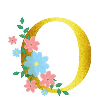 Altın harfli çiçek alfabesi. Davetiyeler için resim. Tebrikler için tasarım.