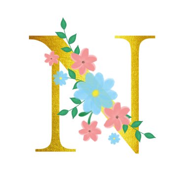 Altın harfli çiçek alfabesi. Davetiyeler için resim. Tebrikler için tasarım.
