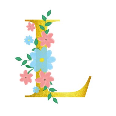 Altın harfli çiçek alfabesi. Davetiyeler için resim. Tebrikler için tasarım.