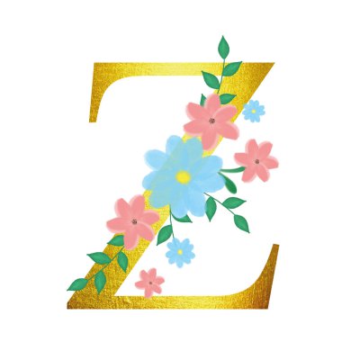 Altın harfli çiçek alfabesi. Davetiyeler için resim. Tebrikler için tasarım.