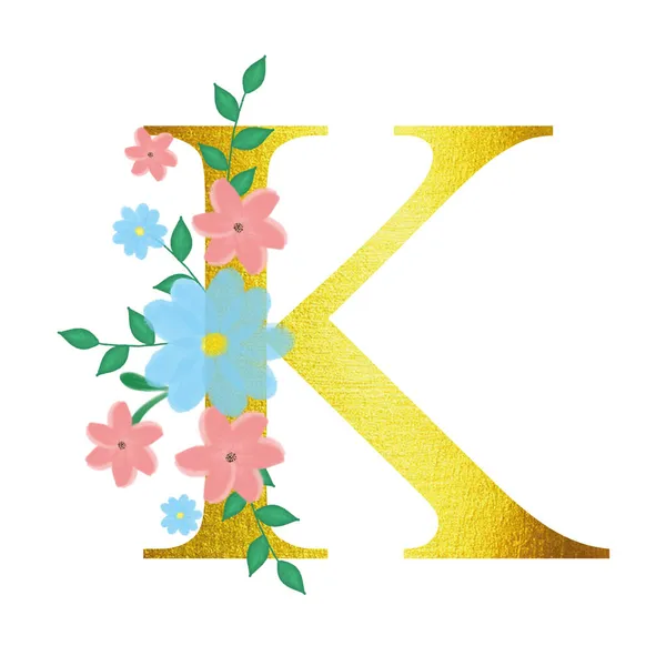 Altın harfli çiçek alfabesi. Davetiyeler için resim. Tebrikler için tasarım. — Stok fotoğraf