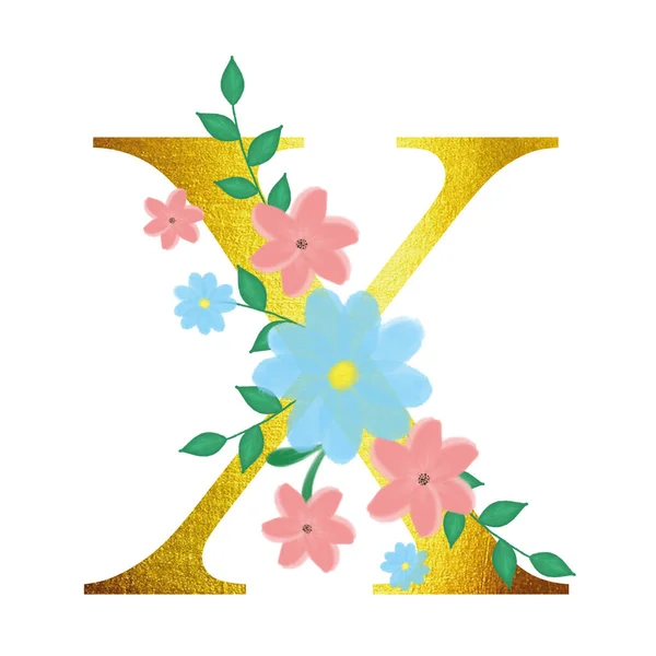 Alfabeto floral con letras doradas. Ilustración para tarjetas de invitación. Diseño para felicitaciones. — Foto de Stock