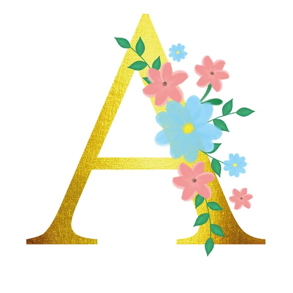 ตัวอักษรดอกไม้ที่มีตัวอักษรสีทอง ภาพประกอบสําหรับบัตรเชิญ ออกแบบมาเพื่อแสดงความยินดี องค์ประกอบสําหรับการออกแบบ . — ภาพถ่ายสต็อก