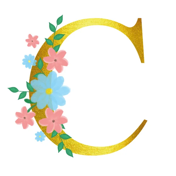 ตัวอักษรดอกไม้ที่มีตัวอักษรสีทอง ภาพประกอบสําหรับบัตรเชิญ ออกแบบเพื่อแสดงความยินดี . — ภาพถ่ายสต็อก