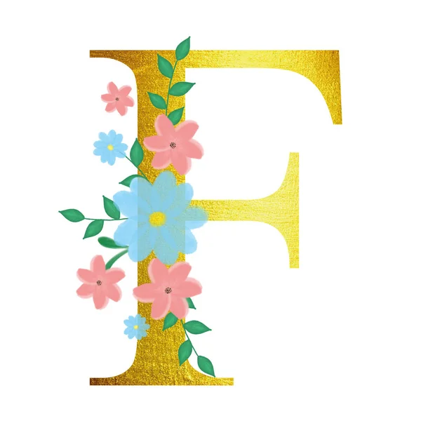 ตัวอักษรดอกไม้ที่มีตัวอักษรสีทอง ภาพประกอบสําหรับบัตรเชิญ ออกแบบเพื่อแสดงความยินดี . — ภาพถ่ายสต็อก