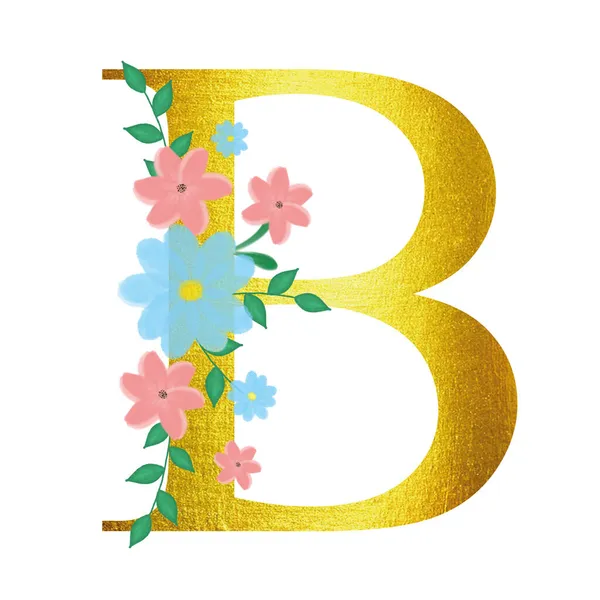 Altın harfli çiçek alfabesi. Davetiyeler için resim. Tebrikler için tasarım. — Stok fotoğraf