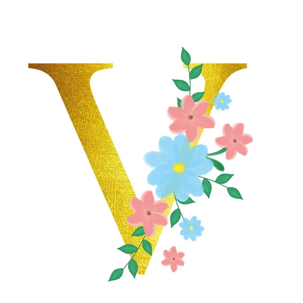 Květinová abeceda se zlatými písmeny. Ilustrace pro pozvánky. Design k gratulaci. — Stock fotografie