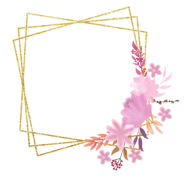 Bloemenarrangement en gouden frame. Illustratie voor ansichtkaarten, uitnodigingen. Valentijnsdag. — Stockfoto