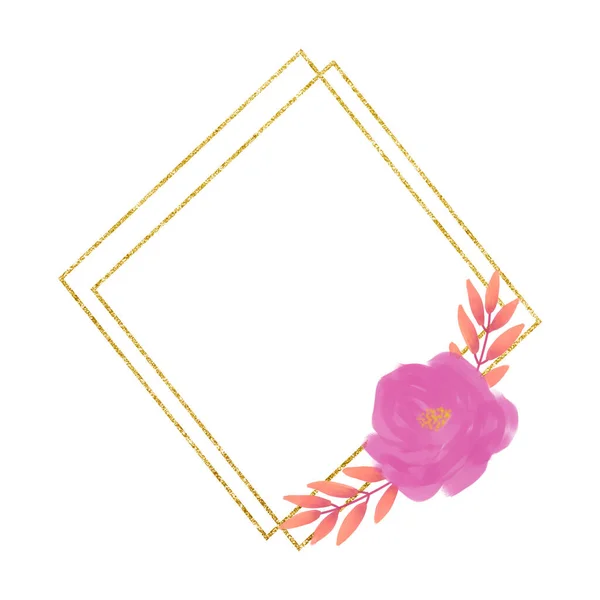 Bloemenarrangement en gouden frame. Illustratie voor ansichtkaarten, uitnodigingen. Valentijnsdag. — Stockfoto