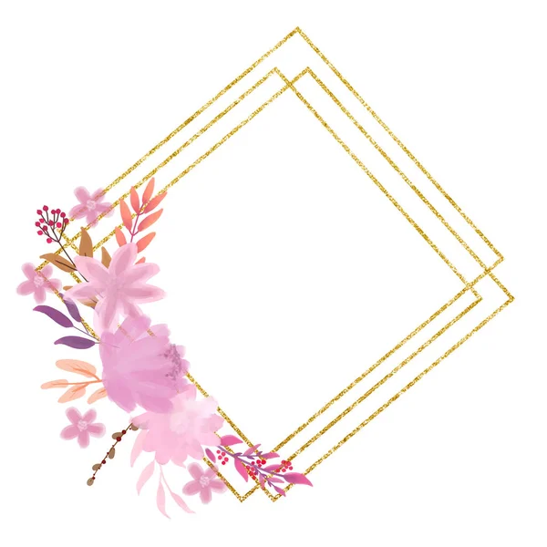 Flower arrangement and gold frame. Illustration for postcards, invitations. valentines day. — Stock Photo, Image