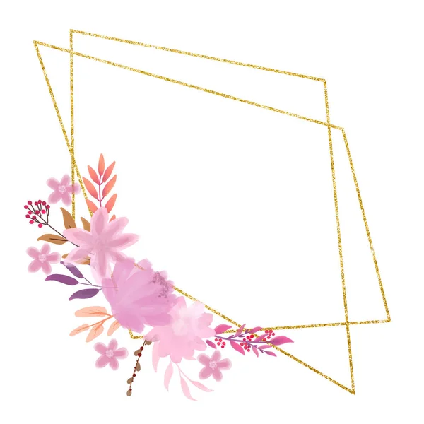 Arreglo floral y marco dorado. Ilustración para postales, invitaciones. día de San Valentín. — Foto de Stock