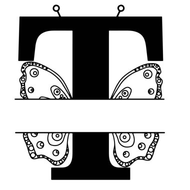 T harfi ve kelebek silueti. Beyaz arka planda izole edilmiş kanat kelebek logosu şablonu. Kaligrafik el çizimi harf tasarımı. Alfabe konsepti. Monogram vektör çizimi