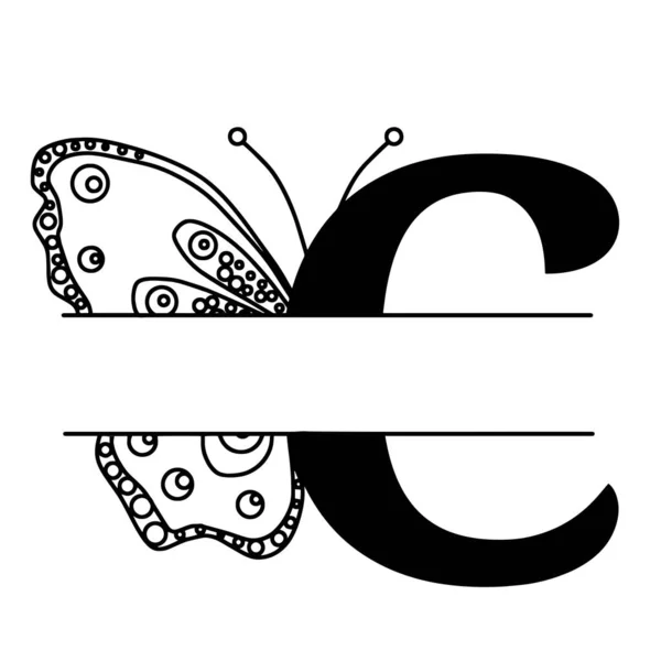 Písmeno C se siluetou motýla. Motýlí logo šablony izolované na bílém pozadí. Kaligrafie ručně kreslené písmo design. Pojem abecedy. Monogram vektorové ilustrace. — Stockový vektor