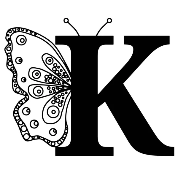 K harfi ve kelebek silueti. Beyaz arka planda izole edilmiş kanat kelebek logosu şablonu. Kaligrafik el çizimi harf tasarımı. Alfabe konsepti. Monogram vektör çizimi, — Stok Vektör