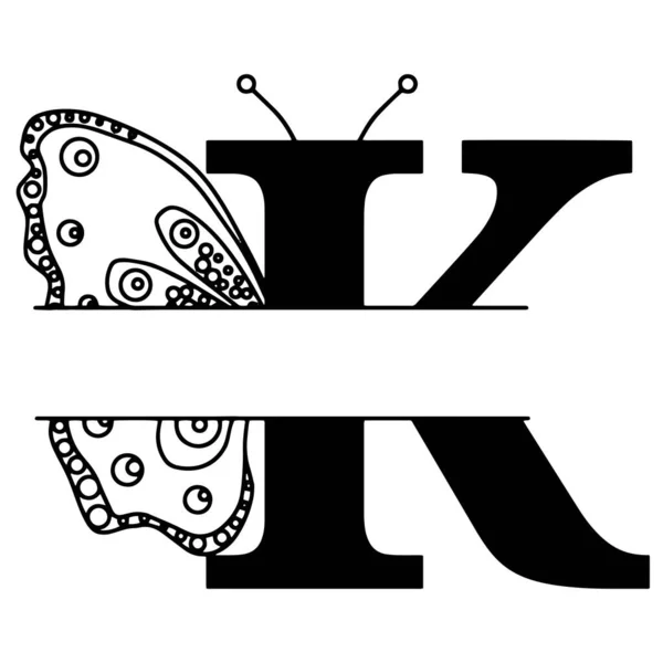 K harfi ve kelebek silueti. Beyaz arka planda izole edilmiş kanat kelebek logosu şablonu. Kaligrafik el çizimi harf tasarımı. Alfabe konsepti. Monogram vektör çizimi — Stok Vektör