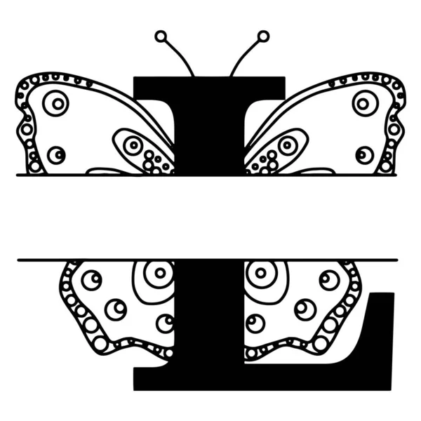 L betű pillangó sziluettel. Szárnyak pillangó logó sablon elszigetelt fehér háttér. Kalligráfiai kézzel rajzolt betűtervezés. ABC-koncepció. Monogram vektor illusztráció — Stock Vector