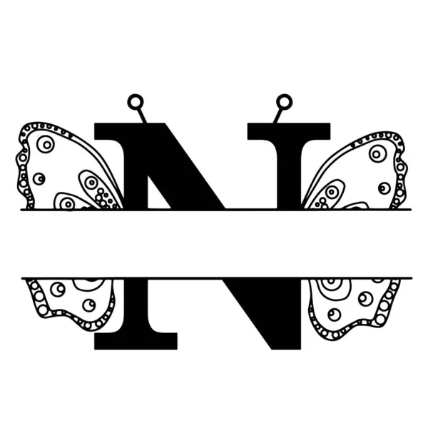 Písmeno N se siluetou motýla. Motýlí logo šablony izolované na bílém pozadí. Kaligrafie ručně kreslené písmo design. Pojem abecedy. Monogram vektorové ilustrace — Stockový vektor