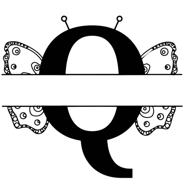 Letter Q with butterfly silhouette. Wings butterfly logo template isolated on white background. Calligraphic hand drawn lettering design. Alphabet concept. Monogram vector illustration. — Stock Vector