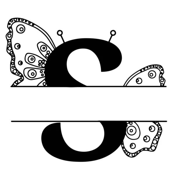 Carta S com silhueta de borboleta. Asas borboleta logotipo modelo isolado no fundo branco. Design caligráfico de letras desenhadas à mão. Conceito de alfabeto. Ilustração vetorial do monograma — Vetor de Stock