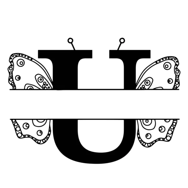 Písmeno U se siluetou motýla. Motýlí logo šablony izolované na bílém pozadí. Kaligrafie ručně kreslené písmo design. Pojem abecedy. Monogram vektorové ilustrace. — Stockový vektor