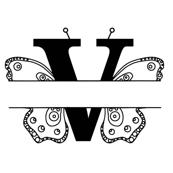 Lettera V con sagoma a farfalla. Wings farfalla modello logo isolato su sfondo bianco. Disegno di lettere calligrafiche disegnate a mano. Concetto alfabetico. Illustrazione vettoriale del monogramma — Vettoriale Stock