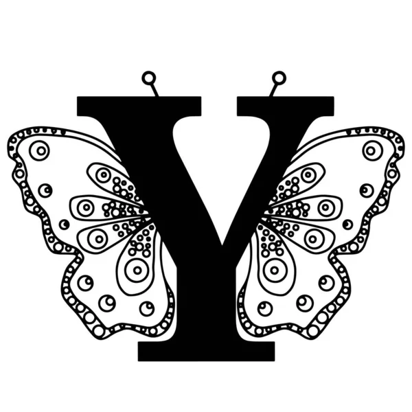 Y harfi ve kelebek silueti. Beyaz arka planda izole edilmiş kanat kelebek logosu şablonu. Kaligrafik el çizimi harf tasarımı. Alfabe konsepti. Monogram vektör çizimi. — Stok Vektör