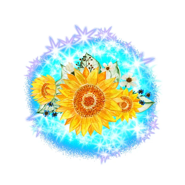 Auringonkukkia kirkkaalla taustalla. Kukkakoriste. Piirrän T-paitoja. Suunnittelukuva. — kuvapankkivalokuva