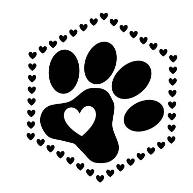 Hayvan sevgisi sembolü, kalp izi, izole vektör. Evcil hayvan ayak iziyle aşk. Komik vektör. Posterler, tekstil, hediyeler, tişörtler için iyidir..