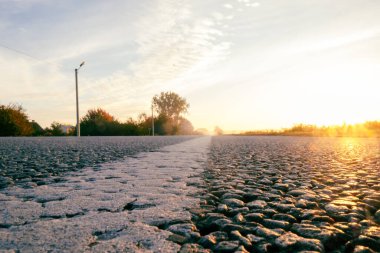 Yol kenarındaki yeşil bir tarlanın üzerinde gün doğumu. Yüksek kalite fotoğraf
