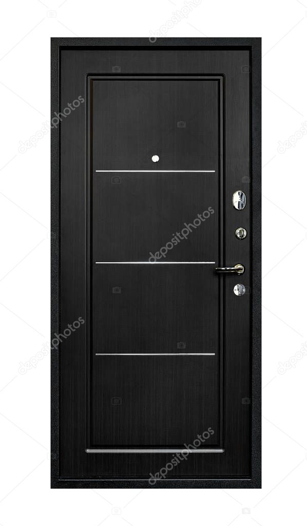 The front metal door to an apartment or house is isolated on a white background. Dark metal door.