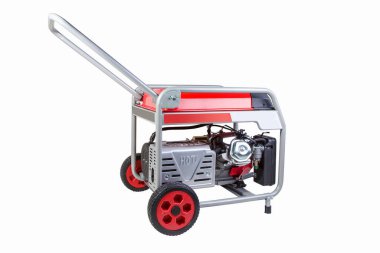 Taşınabilir modern benzin jeneratörü beyaz arka planda izole edilmiş bir sapı var.