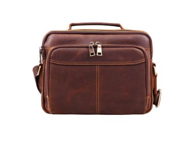 Modern kahverengi deri çanta beyaz arka planda izole edilmiş..