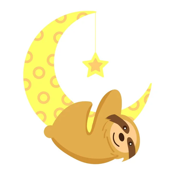 Baby Sloth Hanging Yellow Crescent Isolated Moon Star Cute Funny — Stock Vector