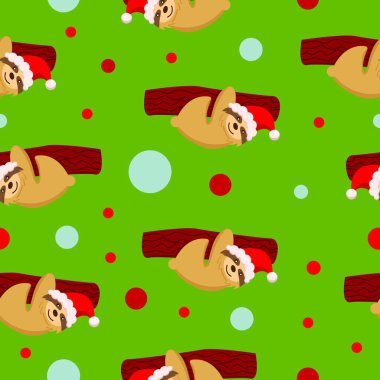 Kusursuz desen. Kırmızı şapkalı bir dala asılı bebek tembel hayvan. Yeşil arka plan. Mutlu noeller. - Mutlu yıllar. Sevimli ve komik. Çizgi film tarzı. Posta kartı, duvar kağıdı, tekstil, ambalaj kağıdı, dekorasyon