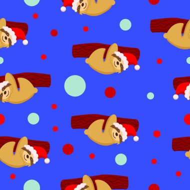 Kusursuz desen. Kırmızı şapkalı bir dala asılı bebek tembel hayvan. Mavi arka plan. Mutlu noeller. - Mutlu yıllar. Sevimli ve komik. Çizgi film tarzı. Posta kartı, duvar kağıdı, tekstil, ambalaj kağıdı, dekorasyon