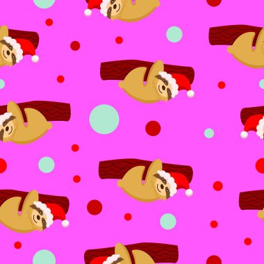 Kusursuz desen. Kırmızı şapkalı bir dala asılı bebek tembel hayvan. Pembe arka plan. Mutlu noeller. - Mutlu yıllar. Sevimli ve komik. Çizgi film tarzı. Posta kartı, duvar kağıdı, tekstil, ambalaj kağıdı, dekorasyon