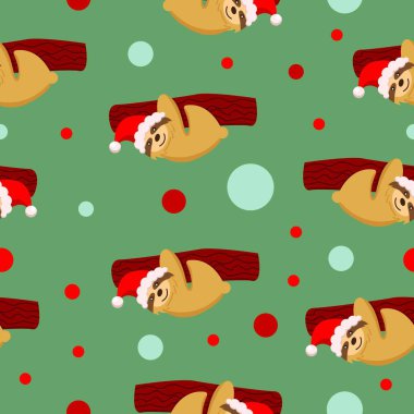 Kusursuz desen. Kırmızı şapkalı bir dala asılı bebek tembel hayvan. Yeşil arka plan. Mutlu noeller. - Mutlu yıllar. Sevimli ve komik. Çizgi film tarzı. Posta kartı, duvar kağıdı, tekstil, ambalaj kağıdı, dekorasyon