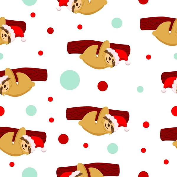 Kusursuz desen. Kırmızı şapkalı bir dala asılı bebek tembel hayvan. Beyaz arka plan. Mutlu noeller. - Mutlu yıllar. Sevimli ve komik. Çizgi film tarzı. Posta kartı, duvar kağıdı, tekstil, ambalaj kağıdı, dekorasyon