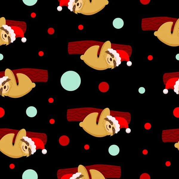 Kusursuz desen. Kırmızı şapkalı bir dala asılı bebek tembel hayvan. Beyaz arka plan. Mutlu noeller. - Mutlu yıllar. Sevimli ve komik. Çizgi film tarzı. Posta kartı, duvar kağıdı, tekstil, ambalaj kağıdı, dekorasyon